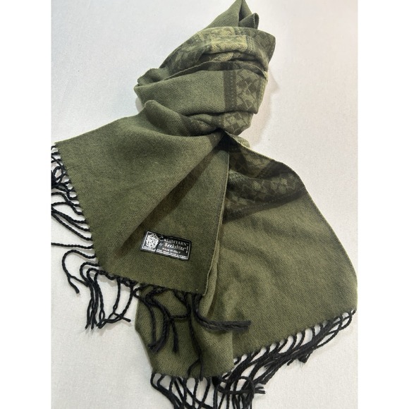 Cashmyarn by Berkshire Made in Italy Olive Green Black Fair Isle Fringe Scarf - Picture 1 of 5